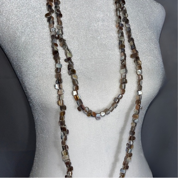 Mother of Pearl Long Beaded Necklace | Earthy Neutral Shell Jewelry 68” - Picture 2 of 5